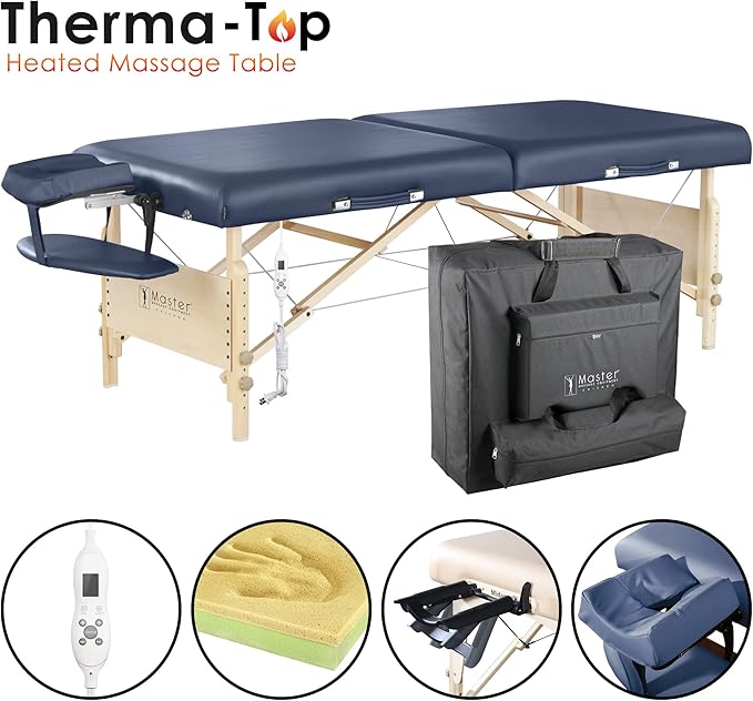 Master Massage Coronado Therma Top™ Portable Massage Table Heated with Warming Top and 3-Inch Foam Cushioning- Tattoo Bed, Lash Table- Royal Blue (30” x 84”)