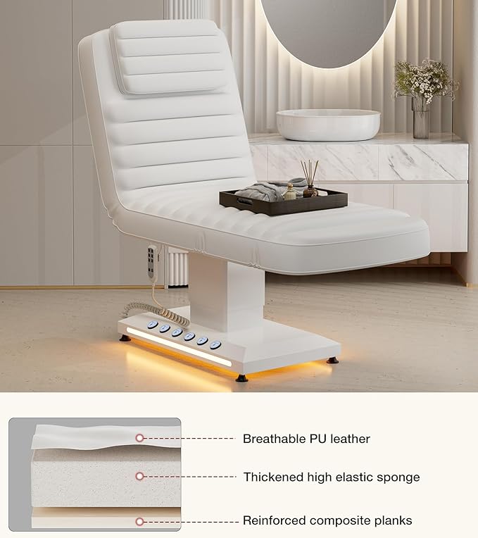Paddie Professional Fully Electric Spa Chair, 3 Motor Esthetician Spa Bed with LED Light, Motorized Height & Angle Adjustable for Facial & Medical, 550lbs Capacity, White