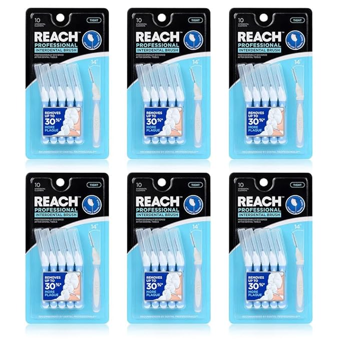 Reach Interdental Brush Cleaners, 1mm, Tight, Sensitive Gum Protection, Plaque Remover for Teeth, Braces Flossers, Braces Brush, Dental Toothbrushes, Oral Care, 6 Pack, 10 Count