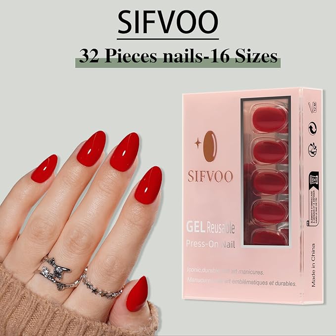 Press on Nails, Short Red Press on Nails Almond Reusable Glossy Red Nails Soft Gel False Nails Press ons for Women, 16 Sizes 32 Count Nails Kit with Glue (SV-03)