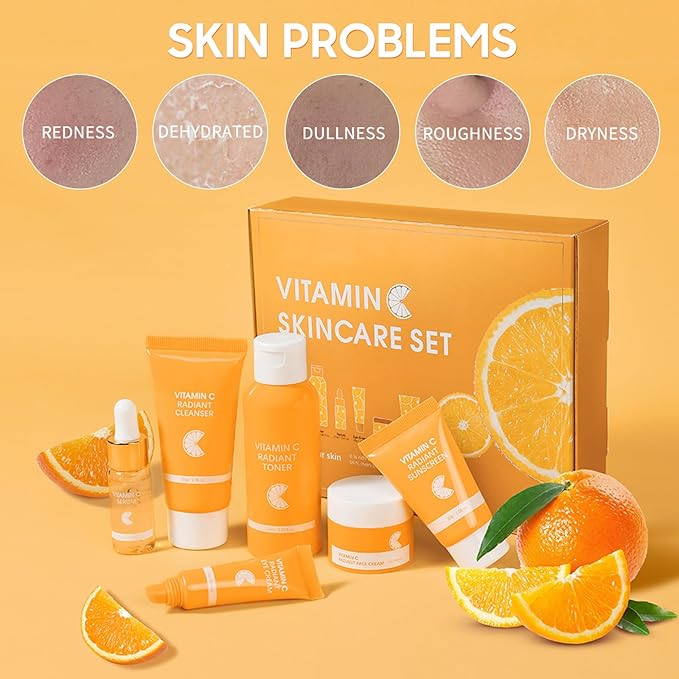 6 Pcs -Vitamin C Skincare Set for Face - with Cleanser, Serum, Eye Cream, Moisturizer, Sunscreen & Toner | Brightening, Hydrating& Anti-Aging,Perfect for Teens & Girls,Moisturizing Face Skin Care Kit