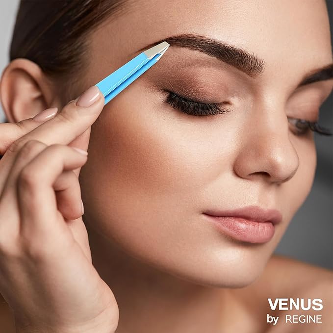 Venus by Regine Slant Tweezers - Handmade Precision Tool for Women & Men, 25-Degree Angle for Shaping Eyebrows & Grooming Facial Contours, Suitable for Eyebrow & Facial Hair Removal (Blue)