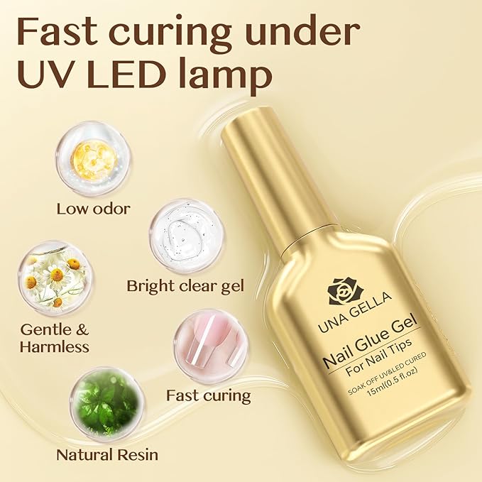 UNA GELLA 6 in 1 Gel Nail Glue for Clear Acrylic Nails Tips, 2Pcs 15ml Super Strong Brush UV Nail Glue Long Lasting Lamp Curing Required for Fake Nails Tips, Christmas Nail Art