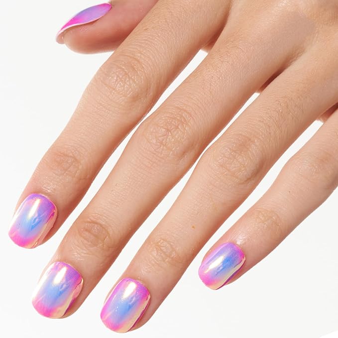 GLAMERMAID Extra Short Press on Nails 24PCS, Pink Blue Aurora Chrome Fall Gel Glue on Nails, Glossy Round Reusable UV Finish Fake Nails Acrylic False Nails Manicure Kits for Women