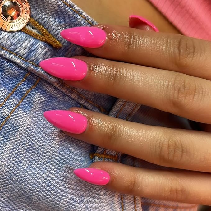 48Pcs Hot Pink Press on Nails Almond Fake Nails Glue on Medium Length Almond Shaped Nails Press ons, Stiletto False Nail for Women Neon Pink Medium, Thick Natural Acrylic Gel Nail