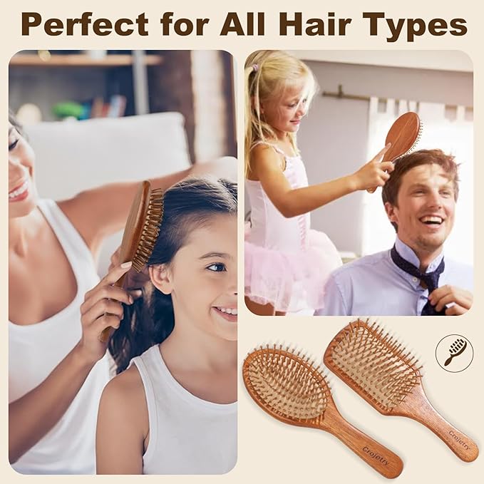 2-Piece Bamboo Hair Brush Set for Hair Growth (Oval & Square) - Natural Wooden Scalp Massage Brush with Bamboo Bristles,Detangling Hairbrush for Women,Men,All Hair Types - Ergonomic Handle