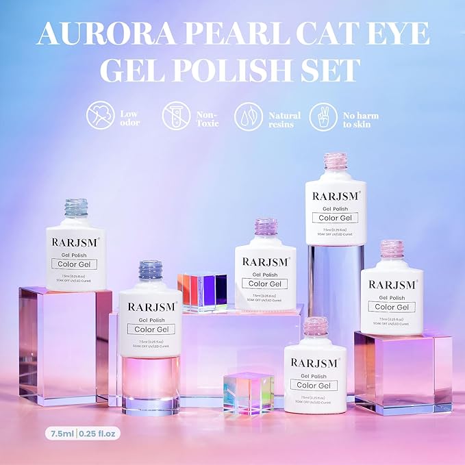 RARJSM Aurora Pearl Cat Eye Gel Nail Polish Set 6pcs Ceramic Silver Shimmer Universal Pink Green Blue Purple Orange Glitter Mermaid Swirl Shell Thread Effect with Magnet Stick Curing Requires