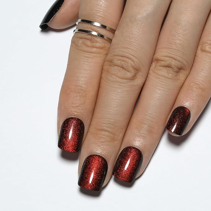Wine Red Press On Nails Short – Square Cat Eye Fake Nails with Color-Shifting Glow, Reusable Stick On Nails, 15 Sizes, 30 Nail Kit with Glue, Thick Glue On Nails for Women, M5-Crimson Spell