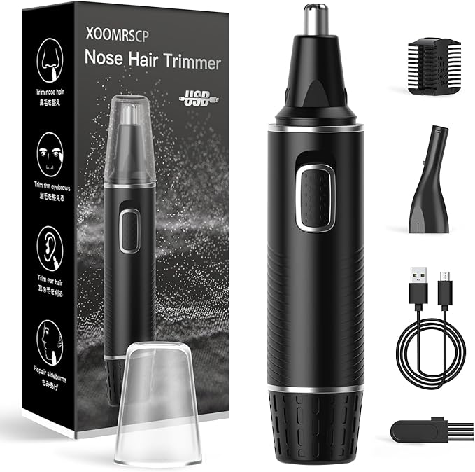 Nose Hair Trimmers for Men，Rechargeable Hair Trimmer 2 in 1 Painless Multifunctional Ear and Nose Hair Trimmer with IPX7 Waterproof Dual Edge Blades (Black Silver)