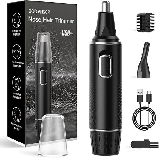 Nose Hair Trimmers for Men，Rechargeable Hair Trimmer 2 in 1 Painless Multifunctional Ear and Nose Hair Trimmer with IPX7 Waterproof Dual Edge Blades (Black Silver)