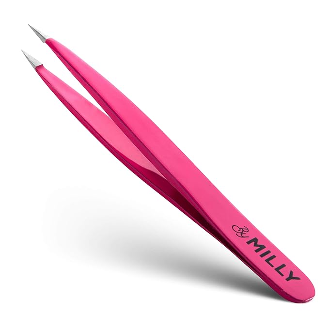 Pointed Tweezers | High Carbon Stainless Steel Needle Nose | Fine Point Precision Hair Removal | Perfectly Aligned & Hand-Filed Sharp | Pink