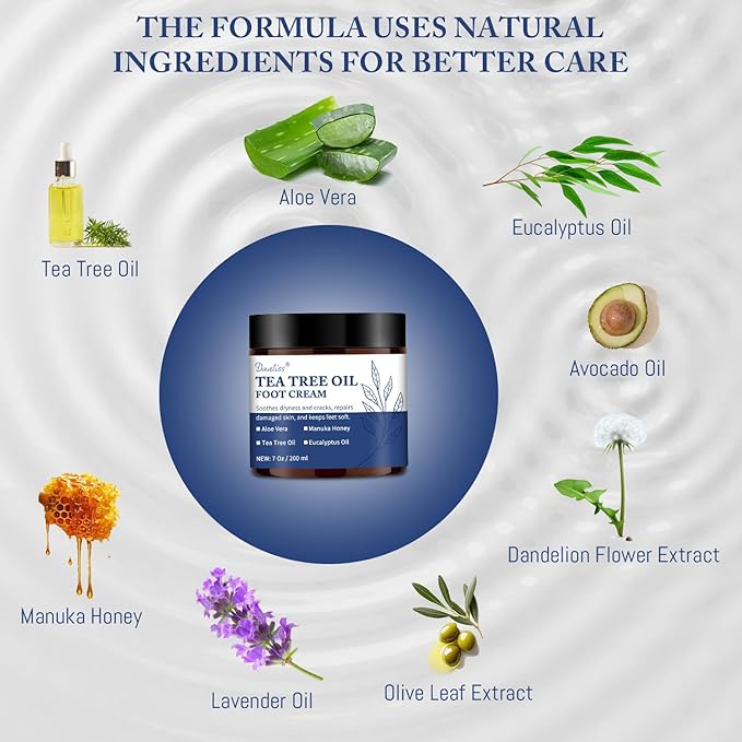 Tea Tree Oil Foot Cream Unscented with Eucalyptus Oil, Manuka Honey Natural for Feet Balm Moisturizing Instantly Hydrates & Soothes Irritated Skin & Athletes Foot Repair & Callus Remover 7 Oz