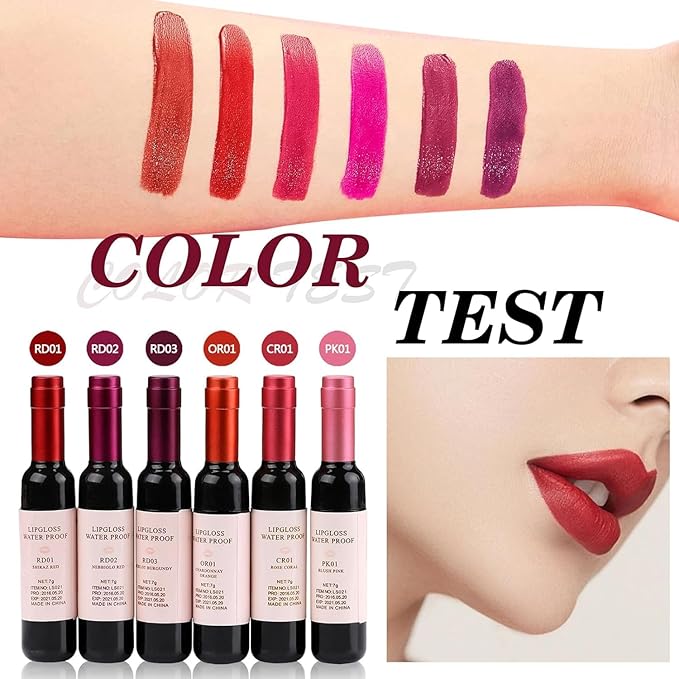 Wine Lip Tint 6 Colors Bottle Lip Gloss Set Matte & Glossy Finish Lipstick Lip Gloss Moisturizing Long-Lasting Wine Lipstick Collection Non-Sticky Hydrating Lip Makeup Kit for Women Gift Idea