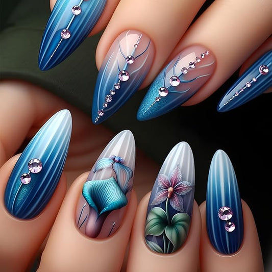 Summer Flower Press on Nails 24Pcs Glossy Blue Gradient Stick on Nail Green Leaves Gel Glue on Fingernails Acrylic Full Cover Fake Nails Rhinestones Medium Almond False Nail for Holiday Manicure Art