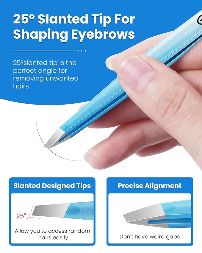 Expert Slant Tip Tweezers with Leather Case, GlamTweeler Sharp & Precision Stainless Steel Tweezer for Eyebrows, Facial Hair and Fine Hairs Removal (Sparkle Blue & Silver)