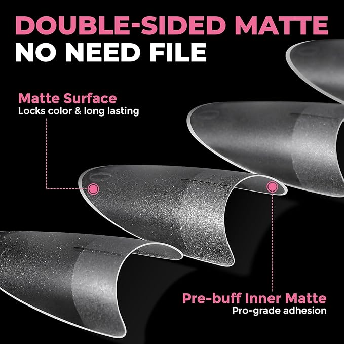 Almond Nail Tips: 504pcs Double-sided Matte Half Cover Medium Almond Shape Tips, Pre-etched Soft Gel Press on Nails, 12 Sizes No C Curve Clear False Fake Nails for Extension Manicure Home