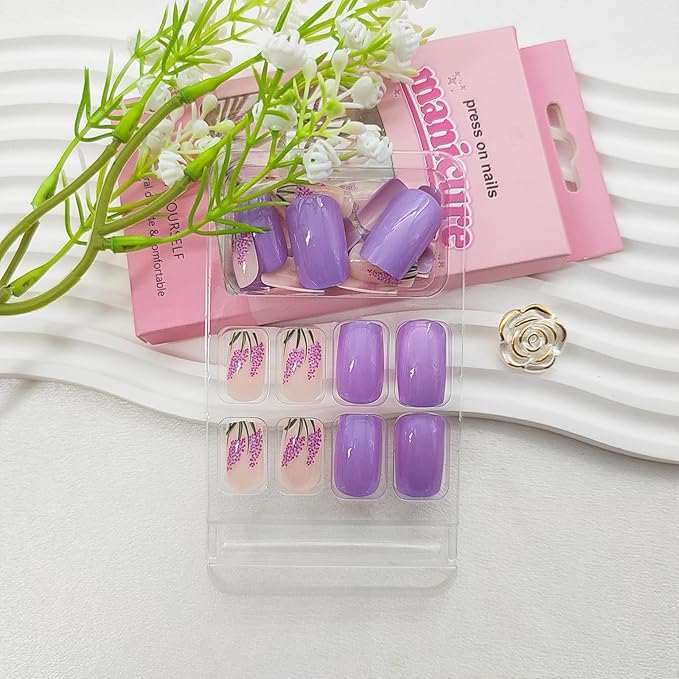 Square Press on Nails Medium Fake Nails with Lavender Floral Designs Glossy Glue on Nails Summer Acrylic Nails Purple Full Cover Artificial Stick on Nails for Women 24Pcs