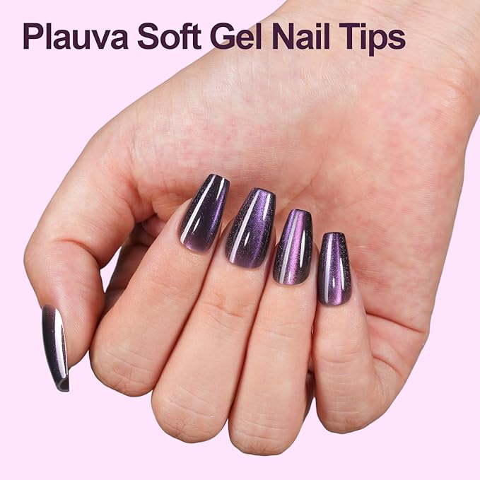 150Pcs Cat Eye Press on Nails, Plauva Short Coffin Fake Nails, Glossy Glitter Cat Eye Nail Tips, Soft Gel Stick On Nails for Women and Girls 15 Sizes