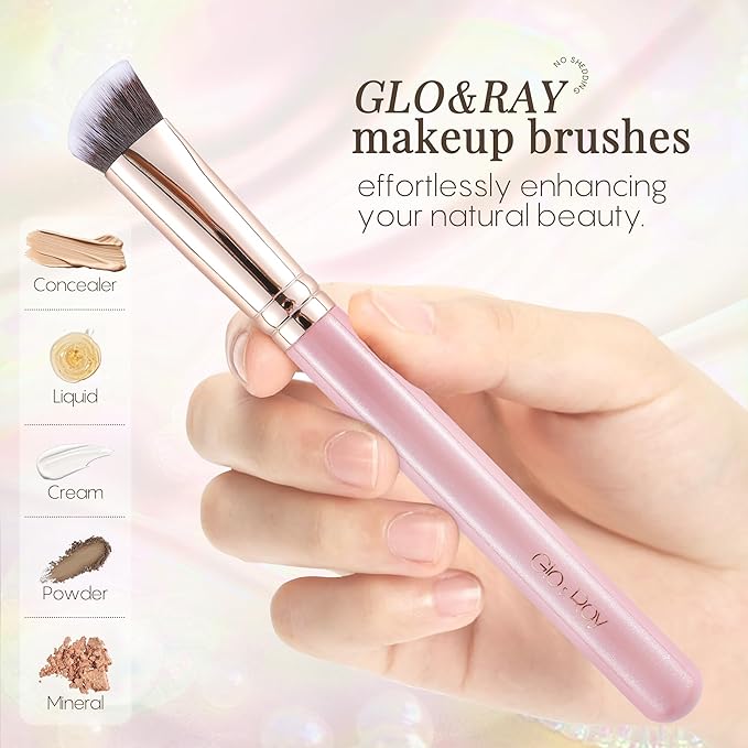 GLO&RAY Angled Concealer Brush with Cap – Flat Top Synthetic Makeup Brush for Under Eye, Spot Coverage, Travel Size Concealer Blending Tool for Liquid & Cream Application (Pink)