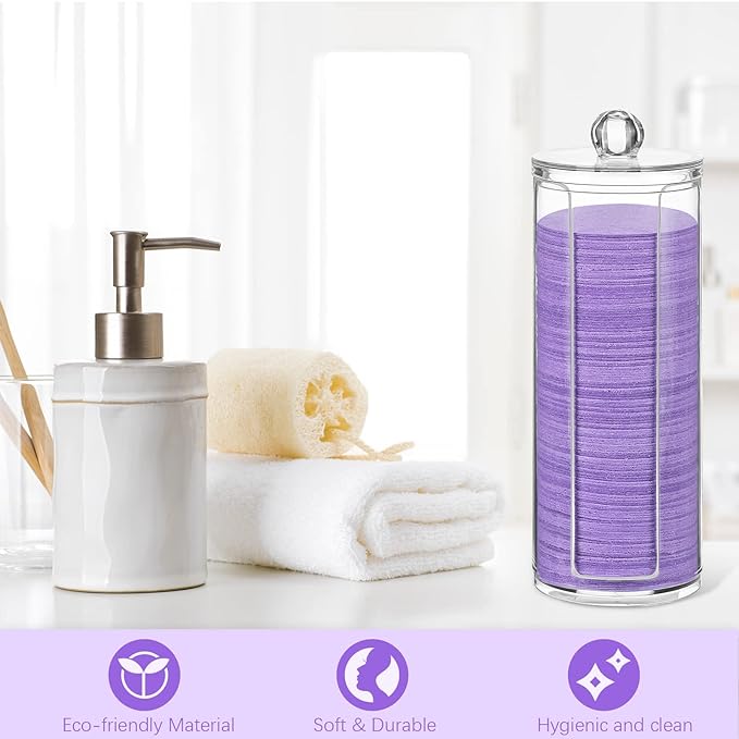 Sieral 120pcs Compressed Facial Sponges Disposable Natural Face Sponges Round Soft Pads with Container for Washing Face Cleansing Exfoliating Esthetician Makeup Removal Travel(Purple)