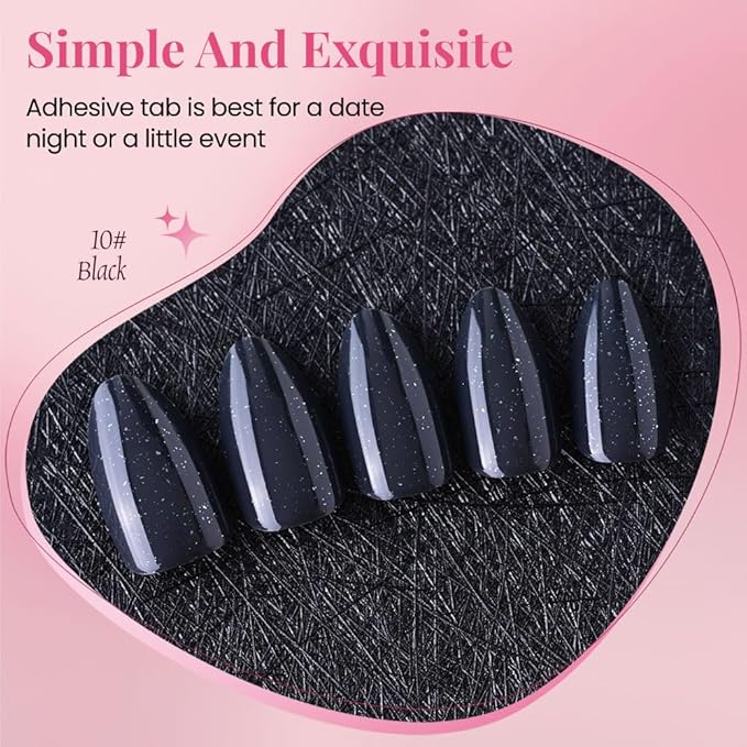 evpct Press on Nails Almond Short, Black Glitter Shimmer Shiny Short Almond Fake Nails for Women Gift, Soft Gel Press Glue On Nails with Nail Glue, 30Pcs Reusable Acrylic Fake Nail Manicure Kit