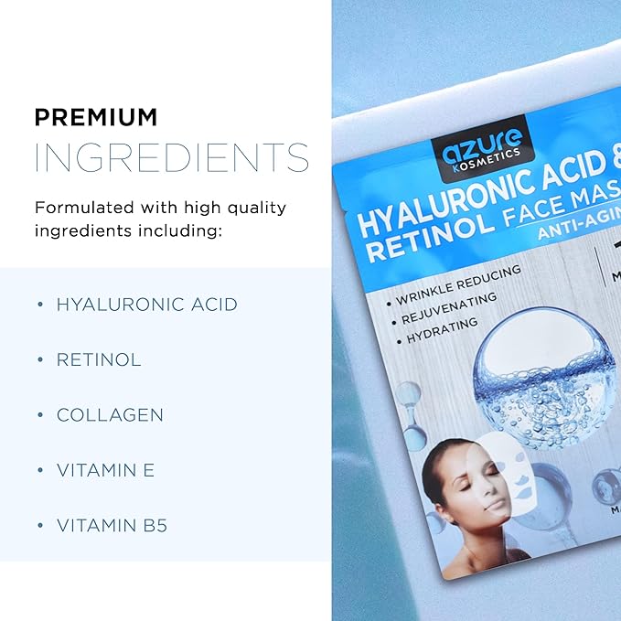 Azure Cosmetics Hyaluronic Acid & Retinol Face Mask - Dermatologist Tested - Rejuvenating & Hydrating Sheet Mask - Reduce Fine Lines & Wrinkles, Smooths & Repairs - Korean Skin Care - Pack of 5