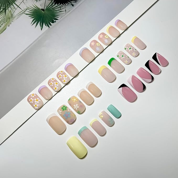 6 Packs (144 Pcs) Press on Nails Medium, Jsiallye French Tip Press on Nails with Flower Design Square, Glue on Nails in 12 Sizes - 24 Fake Nails Kit, Summer Collection Stick on Nails for Women