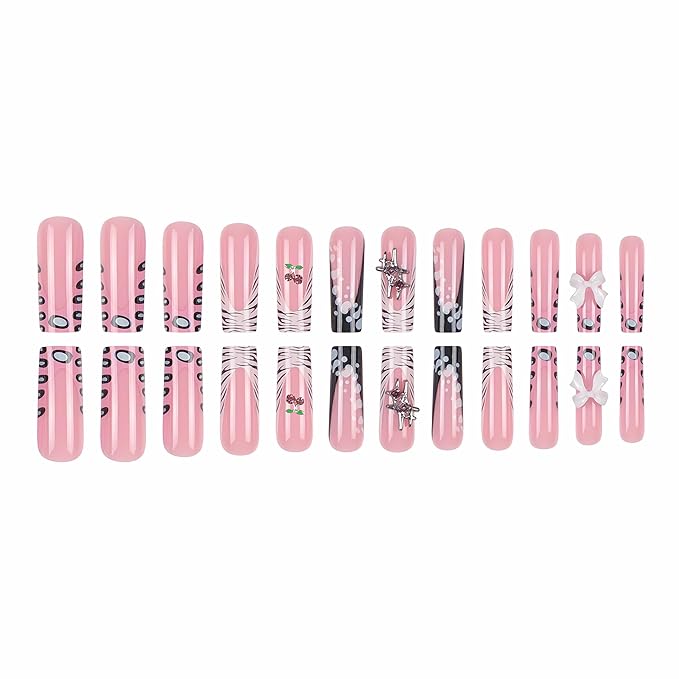 BABALAL Square Press on Nails Long Fake Nails Black Gothic Nails French Tip Acrylic Nails Zebra Y2k False Nails with Bow Cherry Star Charm Handmade 24pcs Full Cover Squoval Nails for Women Girls
