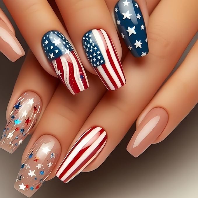 Fourth of July Press on Nails Long Square Fake Nails American Flag Stripe Design Independence Day False Nails Stars Stick on Nail Acrylic Full Cover Glue on Nail for Women DIY Salon Manicure Wear