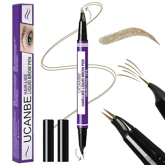 UCANBE Eyebrow Pen, Dual-Curved Eyebrow Pencils for Women, 2-in-1 Brow Pencil with 2-Fork-Tip & Precise Brush-Tip for Natural Hair-Like Brows, Waterproof Microblading Brow Pen Last 24Hrs(Light Brown)