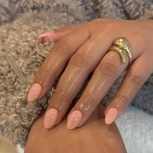 Coral Press on Nails Short Almond Fake Nails Press ons, Thick Solid Color Glue on Nails Short False, Medium Almond Oval Round Shaped for Women, 24Pcs Natural Acrylic Gel Nail