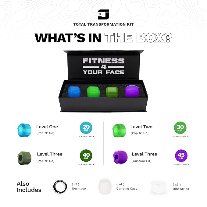 Jawzrsize Athletic Bundle Jaw Enhancer - Jaw, Face, and Neck Exerciser, Helps Reduce Stress and Cravings - Facial Exercise (Pop N Go & Custom Fit (Beg., Adv., & Elite), Green & Blue)