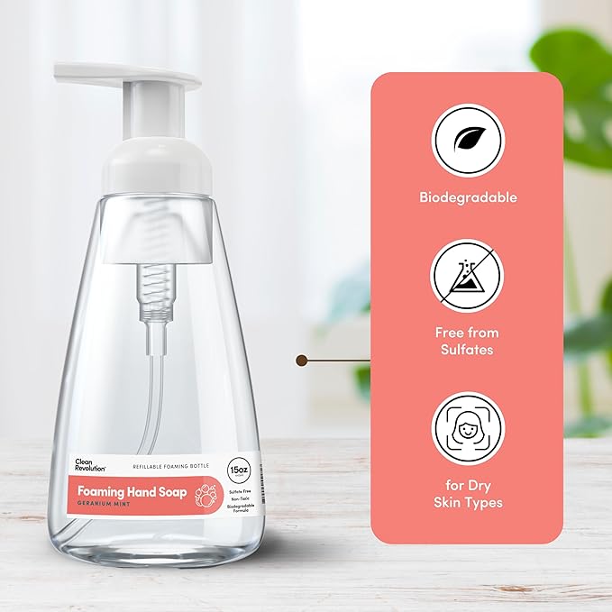 Clean Revolution Foaming Hand Soap, Gentle, Moisturizing, Ready To Use Formula, Real Essential Oils, Gluten Free, Geranium Mint, 15.25 Fl Oz