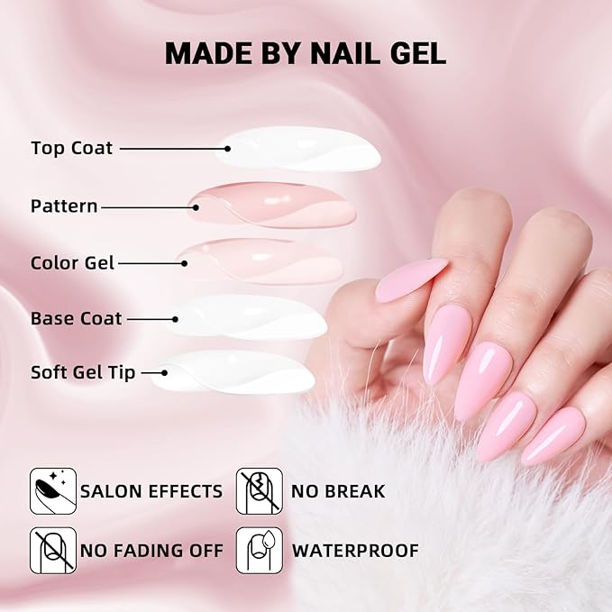 Wooyas Press on Nails Almond, Soft Pink Medium Handmade Gel Fake Nails Reusable ，Lightweight Natural Glossy Fake Nail in 12 Sizes - 24 Pcs Soft Gel Glue On Nails Kit for Women Gift