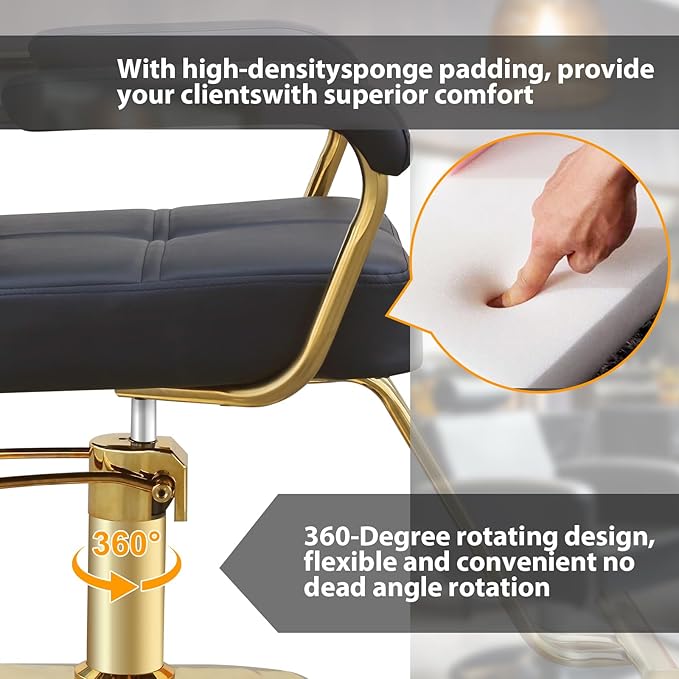 Stylist Chairs for Salon, 360 Degree Rotating Barber Chair Hydraulic Pump Salon Chair, Spa Beauty Equipment for Hair Stylists, Tattoo Artists, Cosmetologists (Gold)