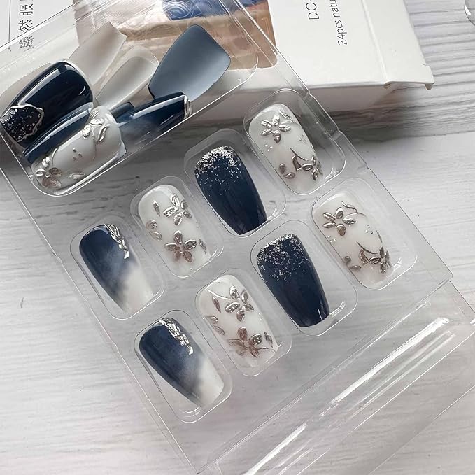 Purple Press on Nails Short Medium Coffin Fake Nails with 3D Embossed Silver Flower Designs White Gradient French Tips False Nails Full Cover Glitter Glossy Stick on Nails for Women 24Pcs