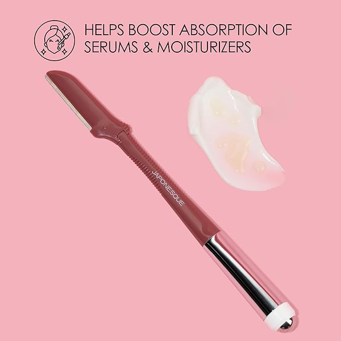 JAPONESQUE Dermaplaner and Cooling Eye Roller - Dual Ended Dermaplaning Facial Razor with Soothing Roller Ball Massager- Tool for Exfoliation, Hair Removal, Face Massage