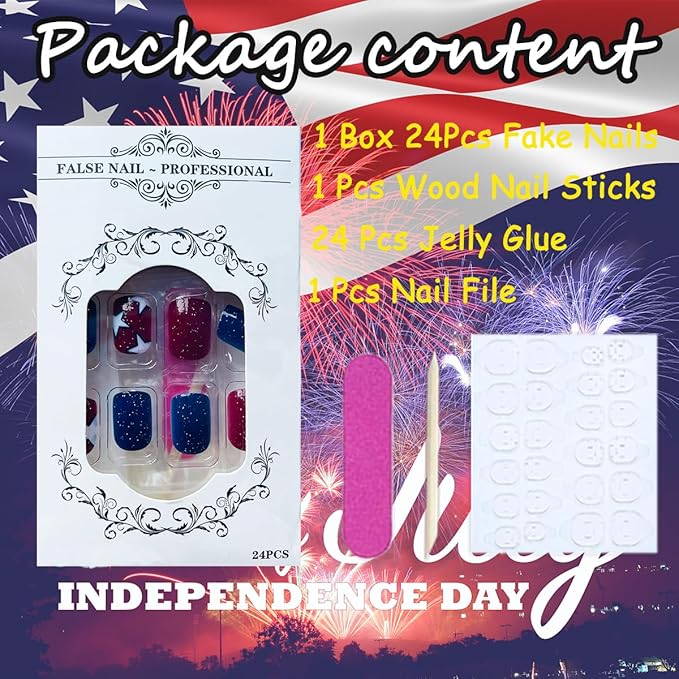 Independence Day Press on Nails Short Square 24Pcs 4th of July Fake Nails with White Star Stripe Designs Red Blue Glitter Patriotic Acrylic Nails Glossy Glue on Nails for Women Manicure