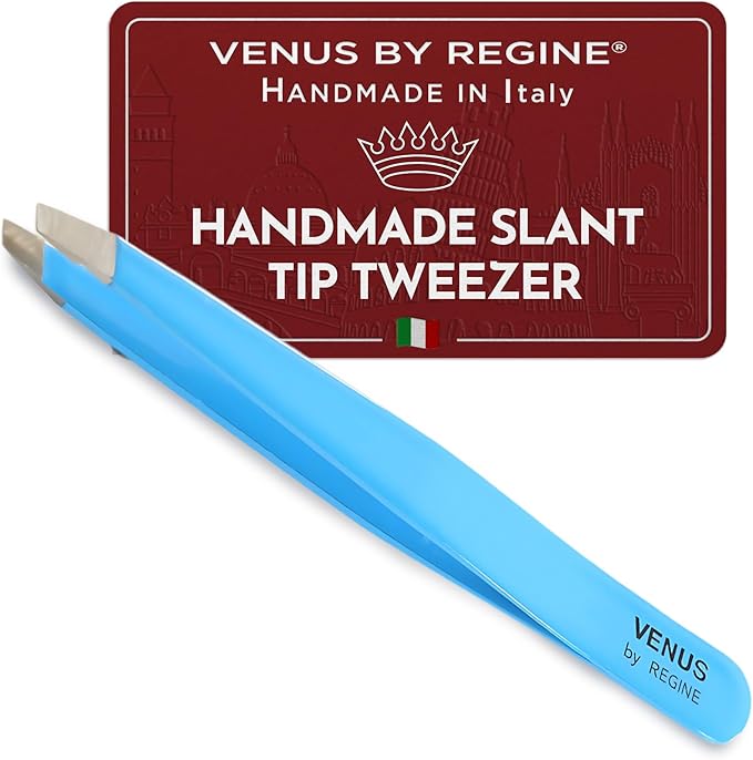 Venus by Regine Slant Tweezers - Handmade Precision Tool for Women & Men, 25-Degree Angle for Shaping Eyebrows & Grooming Facial Contours, Suitable for Eyebrow & Facial Hair Removal (Blue)