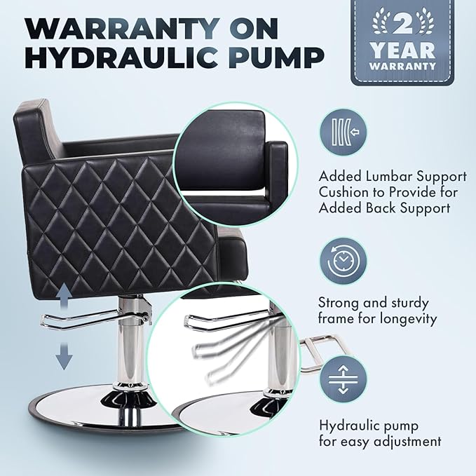 Buy-Rite Diamond Styling Chair for Salons & Spas, Modern Styling Chair with Diamond Stitch Pattern, Extra Wide Seat, Open Seat-Back for Cleaning, Lumbar Support Cushion, NIN-6613