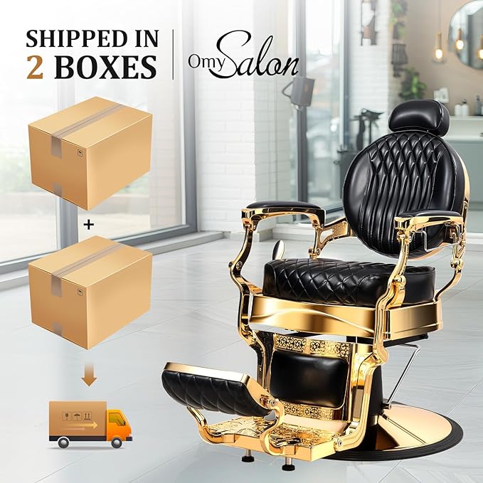 OmySalon Retro Barber Chair Heavy Duty, Aluminum Alloy Frame, Adjustable Headrest, Extra Wide Footrest, Hydraulic Salon Chair for Hair Stylist Reclining All Purpose for Beauty Spa Shampoo, Black Gold