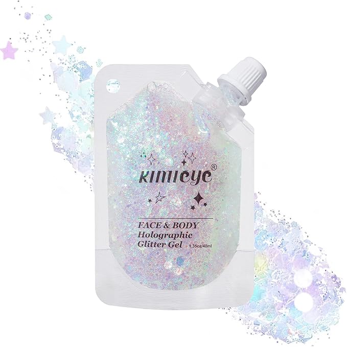Holographic Face Glitter Gel Body Shimmer Makeup for for Hair, Face, Clavicle, Arm, Nail, Eyeshadow, Long Lasting Waterproof Mermaid Sequins Party Glitter for Rave Festival, 1.35oz (Laser White #9)