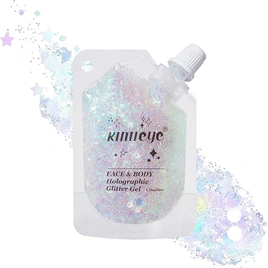 Holographic Face Glitter Gel Body Shimmer Makeup for for Hair, Face, Clavicle, Arm, Nail, Eyeshadow, Long Lasting Waterproof Mermaid Sequins Party Glitter for Rave Festival, 1.35oz (Laser White #9)