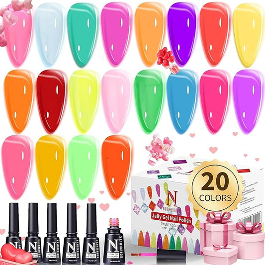 Jelly Gel Polish, 20 Colors Trendy Neon Jelly Gel Nail Polish Kit Glossy Crystal Transparent Gel Polish Nude Pink Purple Green Blue Yellow Red Colors Nail Polish Set Soak Off UV LED
