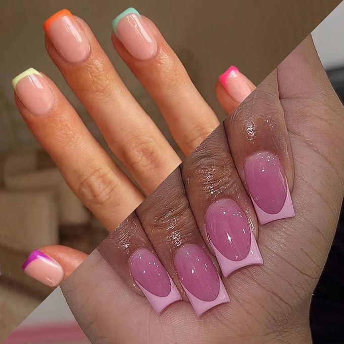 4 Packs 96Pcs French Tip Press on Nails Short Square Fake Nails French Design Glossy Acrylic False Nails Full Cover, Glue Stick On Nails for Women's Manicure & Nail Art Set