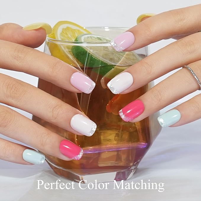 Press on Nails Short 5 Styles, Jofay Fashion 160Pcs Cat Eye Glitter French Tip Press on Nails for Women, Reusable Opaque Gel Fake Nails, Square Glue On Nails in 16 Sizes