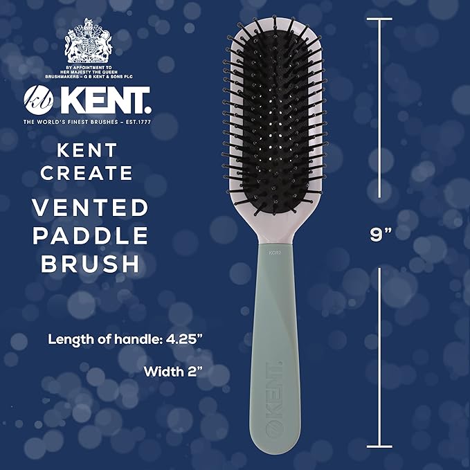 Kent KCR2 "Create" Vented Cushion Paddle Hair Brush for Blowdrying, Root Lift, and Volume in All Hair Types - Vent Brush with Green Ergonomic Handle and Soft Ball Tipped Bristles for Pain Free Use