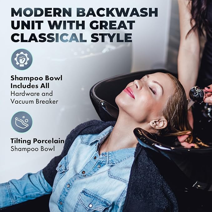 Buy-Rite Chelsea Shampoo Backwash Unit - Tufted Chair, Removable Cushion, Tilting Porcelain Bowl, Single-Lever Faucet, Vacuum Breaker & Install Kit Included - Black, NIN-9902BW