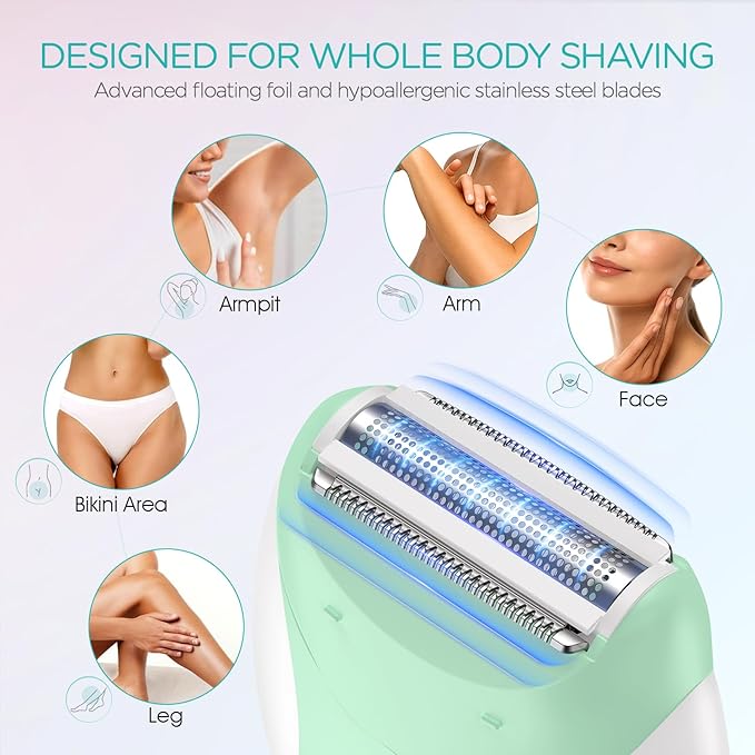 Epilator for Women-Cordless Epilators Hair Removal for Women, 4-in-1 Electric Razor Hair Remover, 2 Speeds & 21 Tweezers for Face Legs Arms Armpit Bikini, Green HR310