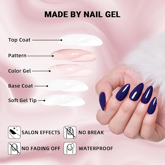 Purple Press on Nails Almond,Wooyas Medium Handmade Gel False Nails Eggplant Purple Color，Reusable Salon Perfect Fake Nails in 12 Sizes - 24Pcs Glue On Nails Kit for Women Gifts(INDIGO BLUE)